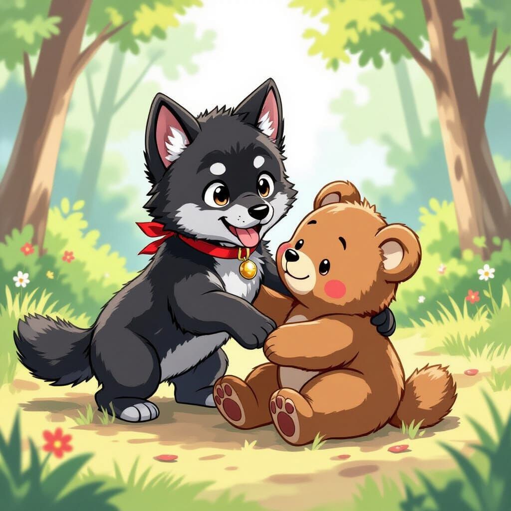 Adorable Wolf Puppy and Bear Cub in Anime Style
