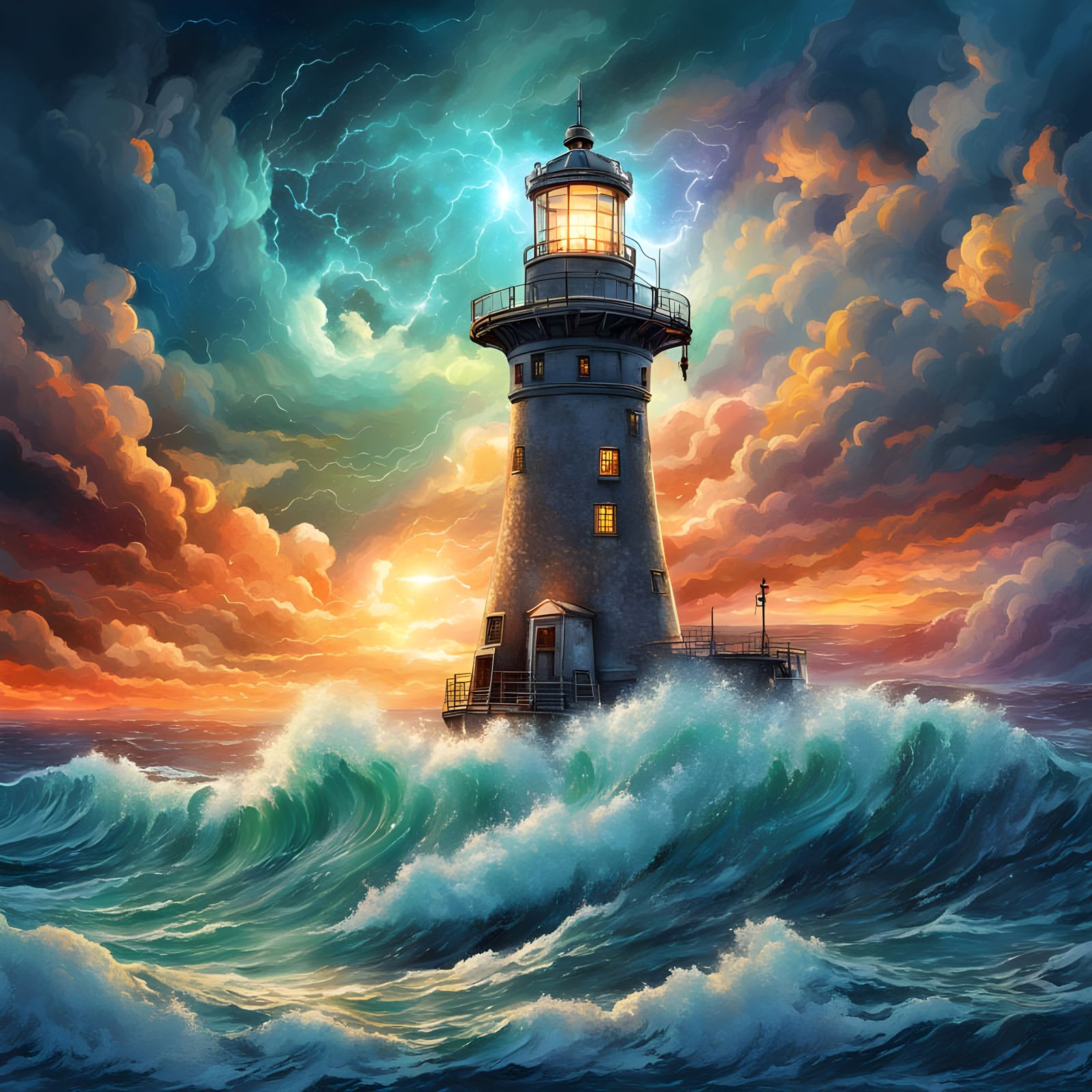 Lighthouse in Stormy Sea: Astral Cosmic Illustration