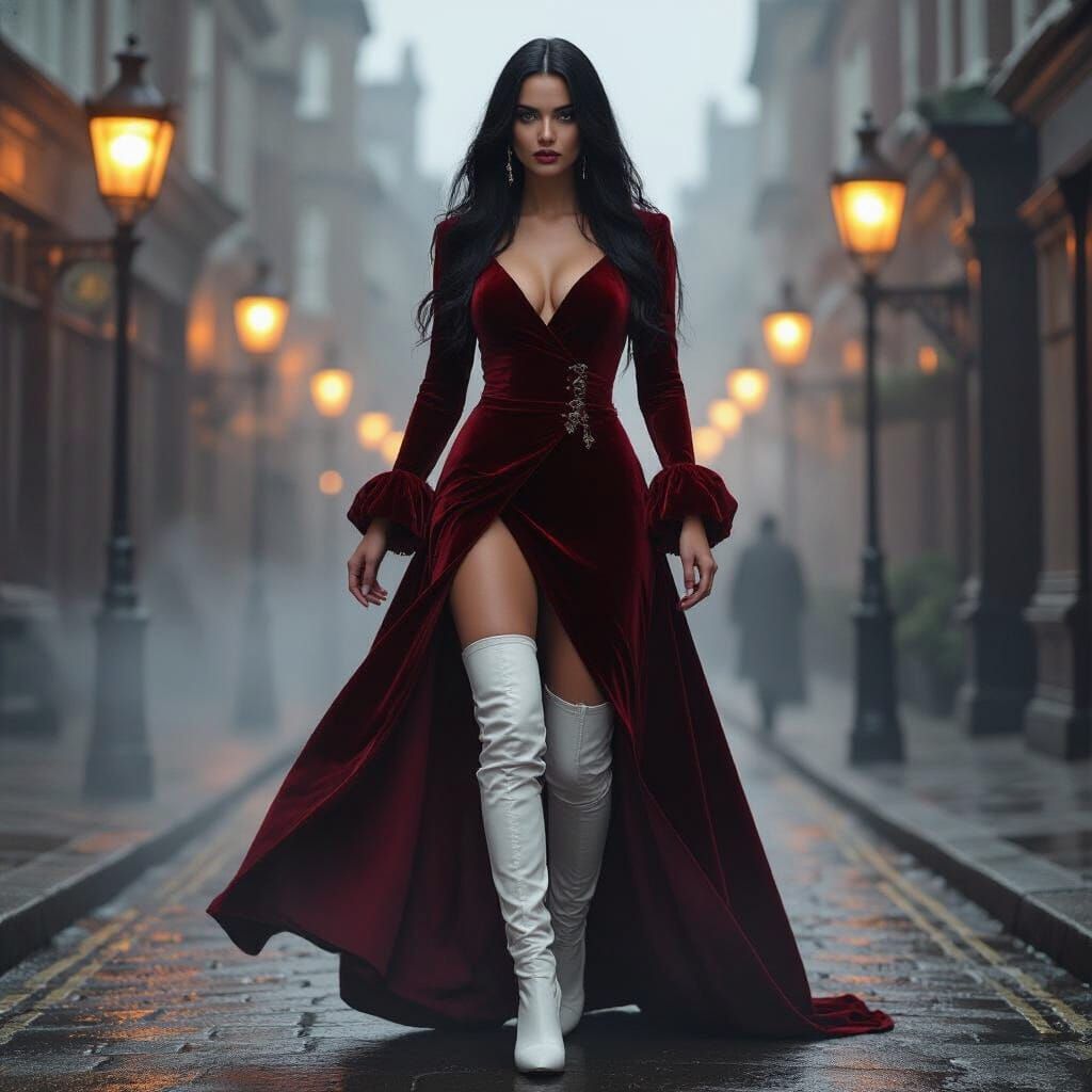 Mysterious Woman in Velvet Gown in Foggy London Street