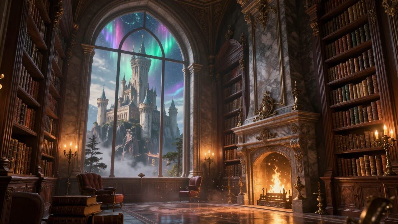 Medieval Castle Library Interior: Grand Architecture and Mag...