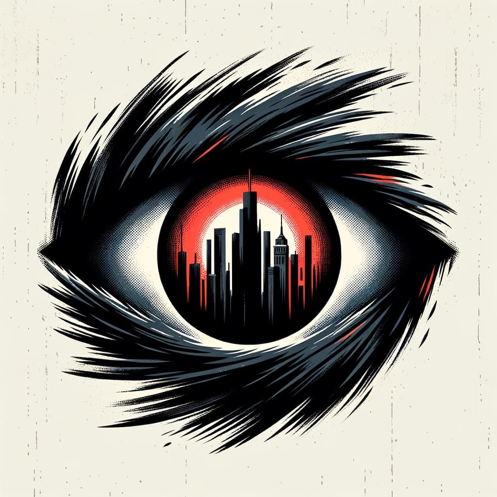 Dystopian Eye Logo with Gotham Skyline