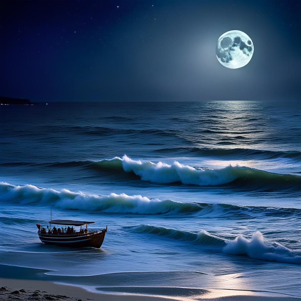 Magical Night: Boat Sailing Under Full Moon