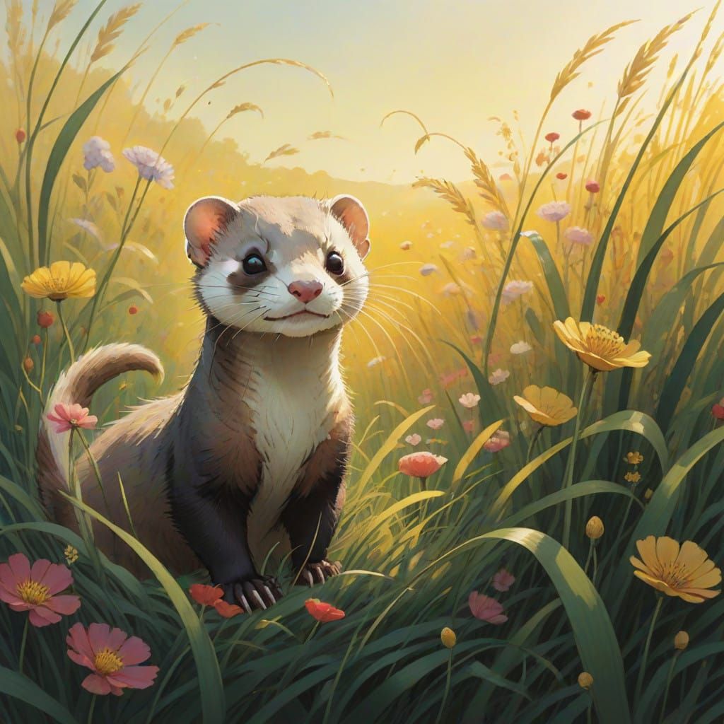 Whimsical Ferret in a Sunny Meadow