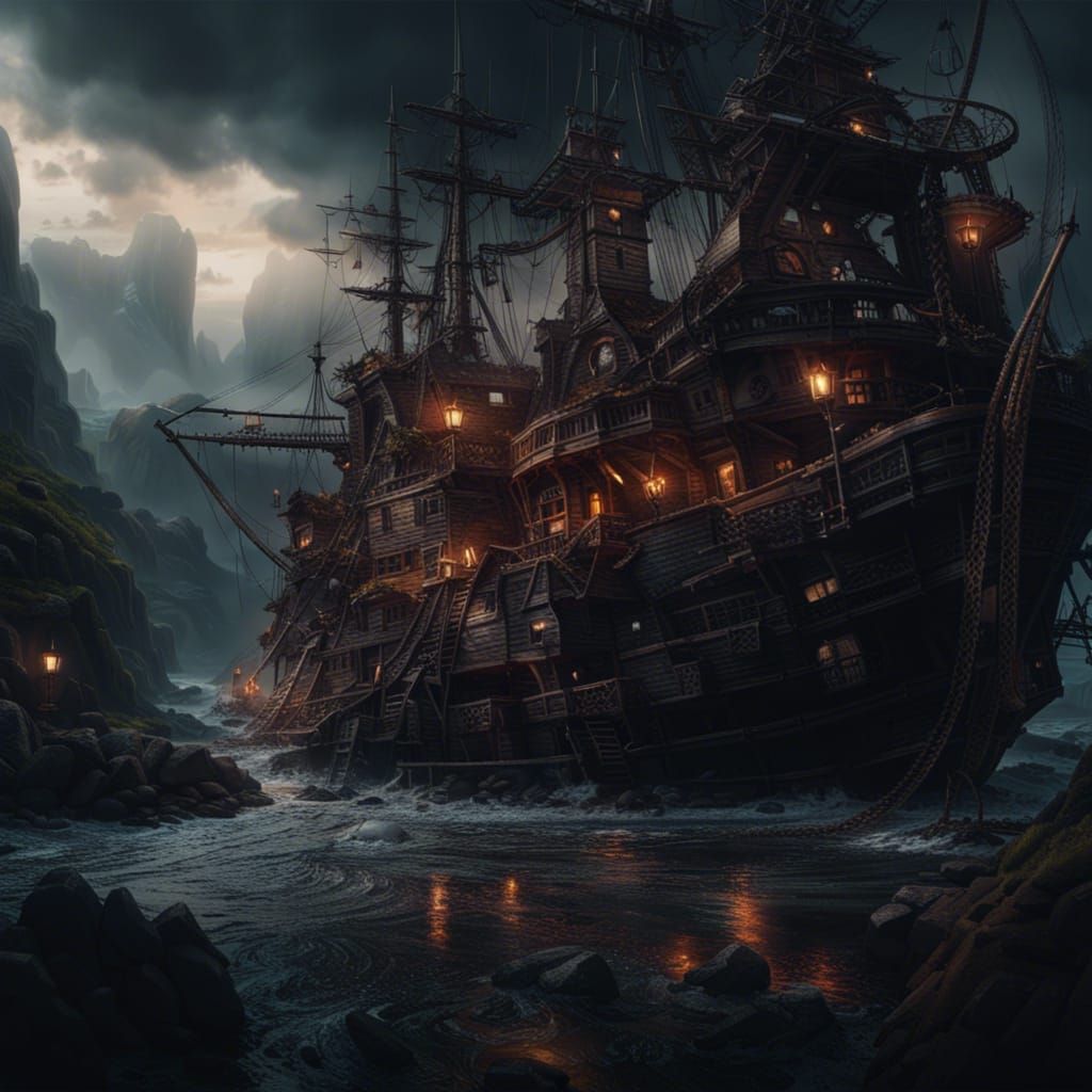 Epic Pirate Ship in Atmospheric Digital Painting
