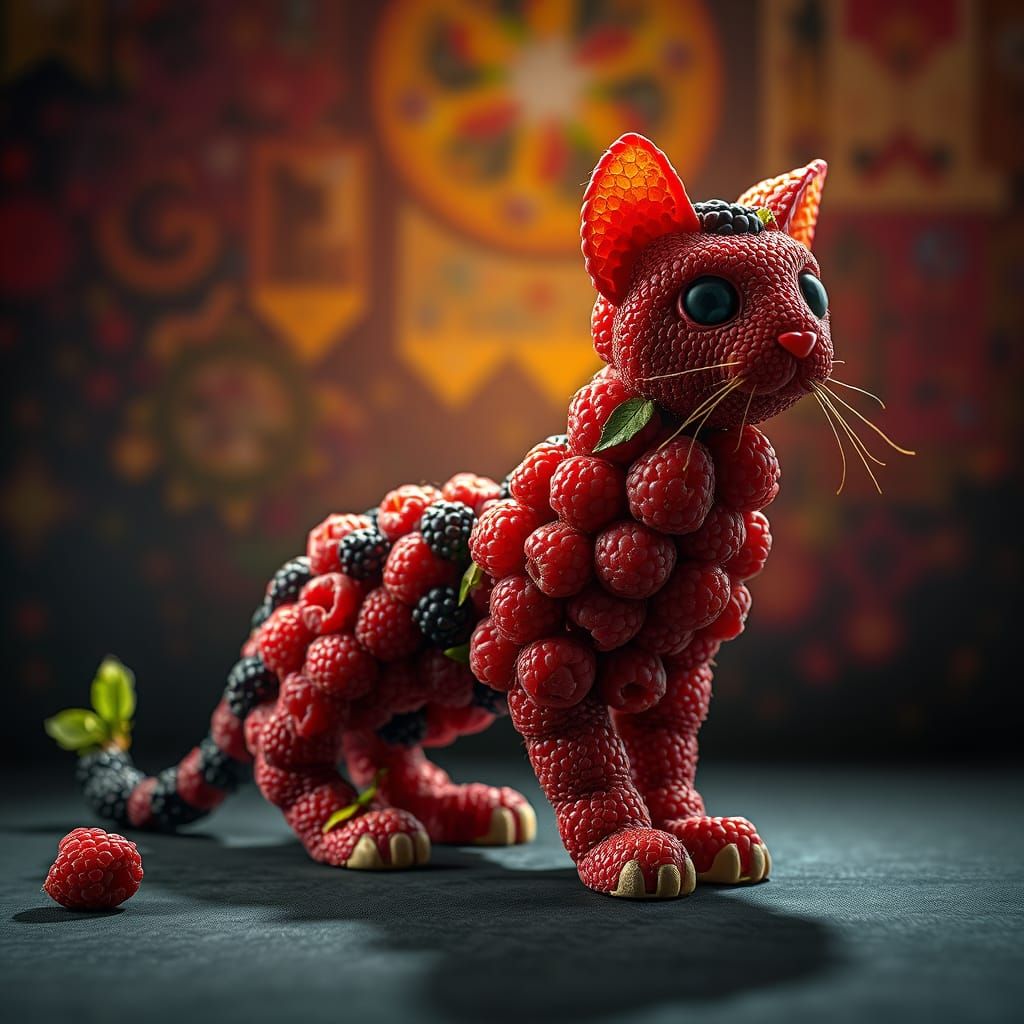 Fruit Feline Goddess in Hyperrealistic Studio Setting