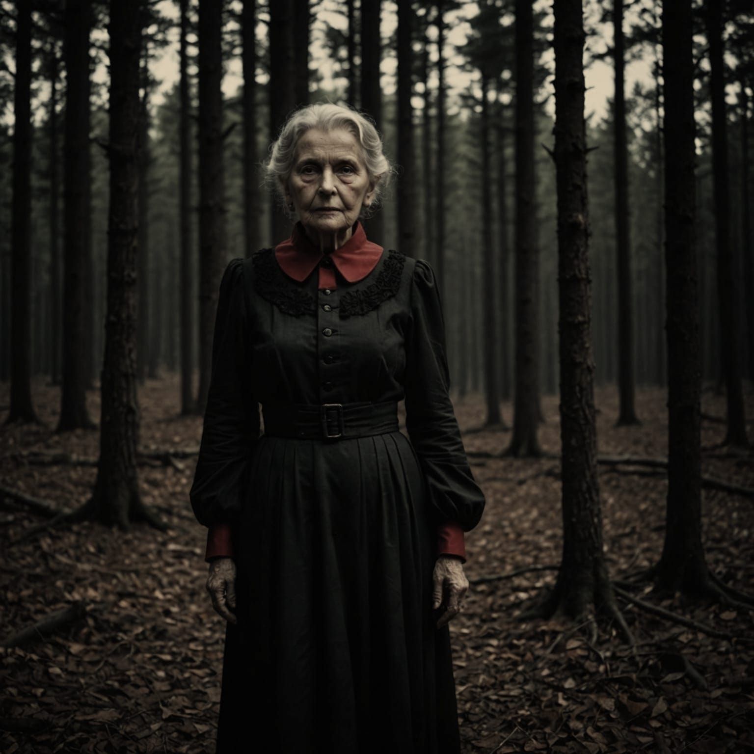 Eerie Old Woman with Glowing Red Eyes in Dark Forest