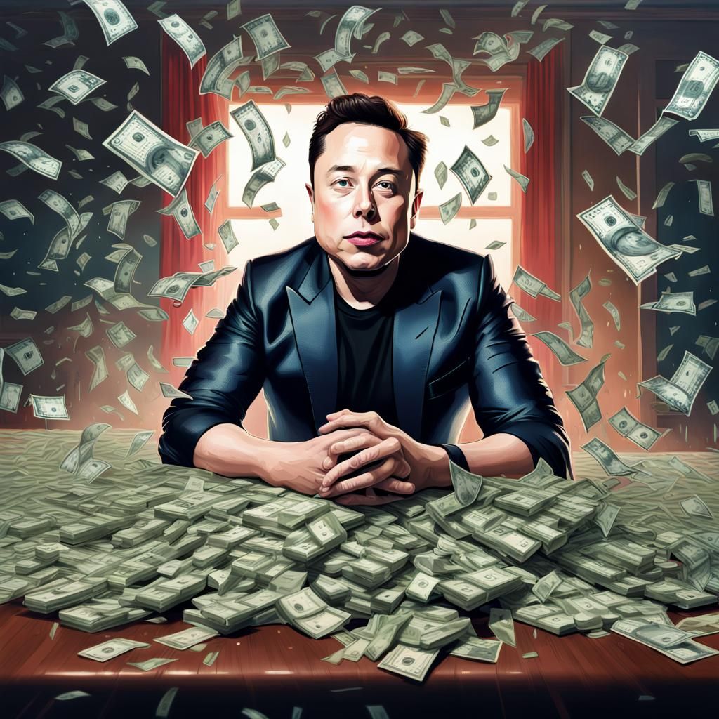 Elon Musk Surrounded by Money: Hyperrealistic Splash Art