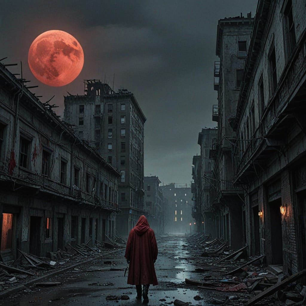 Menacing Presence in Abandoned City Under Blood Moon