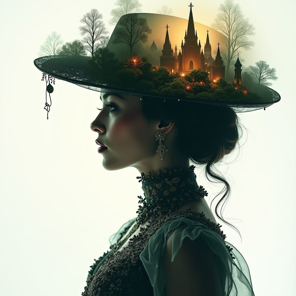 Woman with Dream Kingdom Hat in Double Exposure