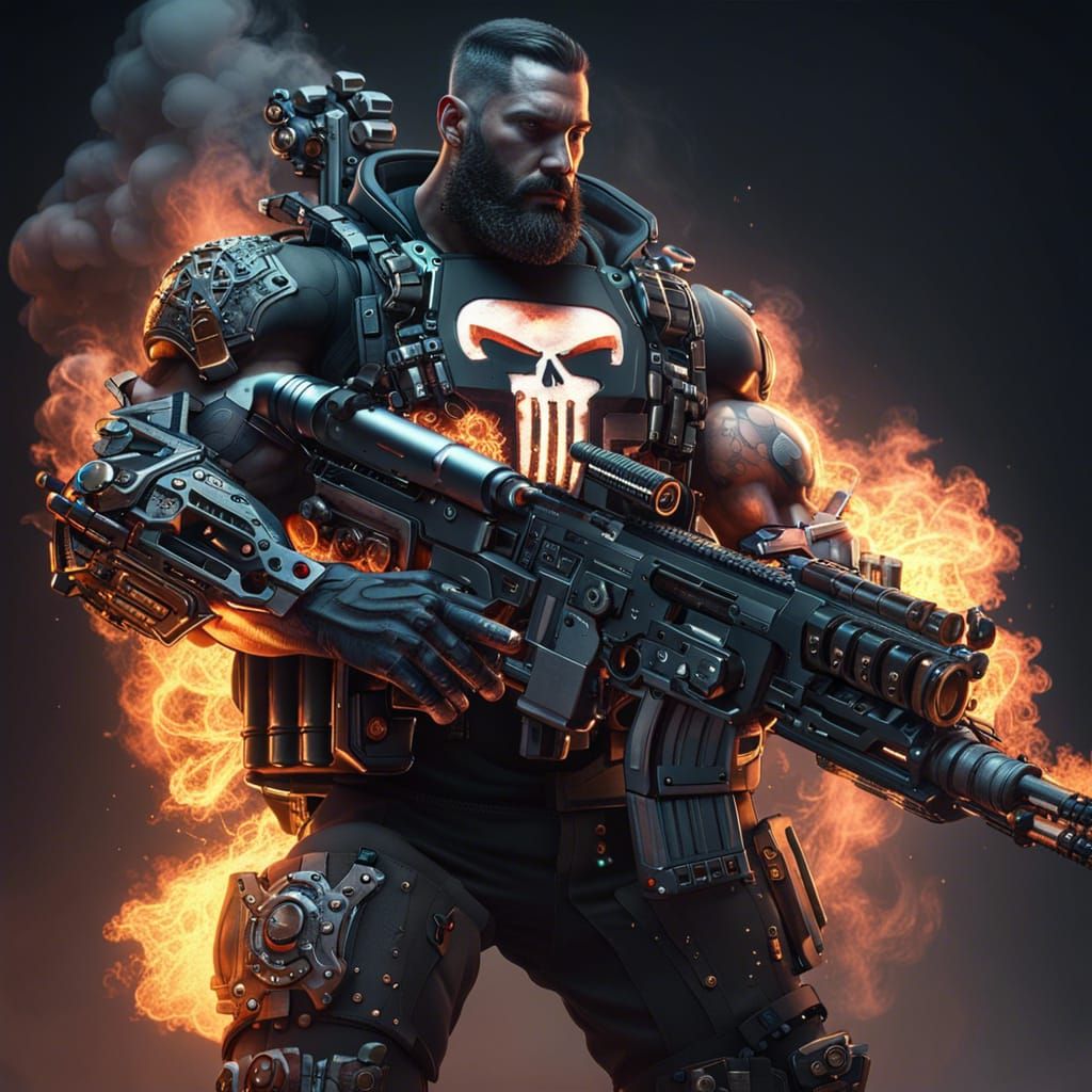 Futuristic Tattooed Warrior with Machine Gun