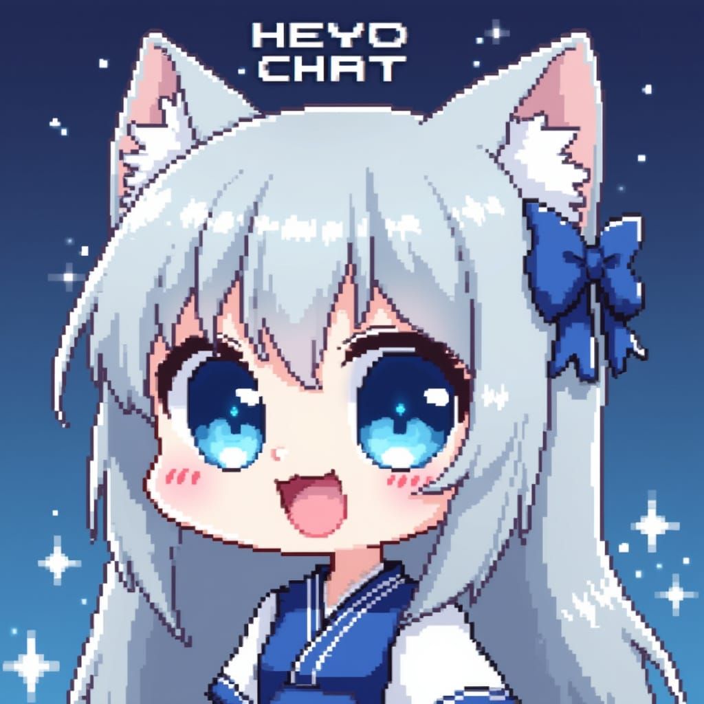 Pixelated Chibi Catgirl Saying Heyo Chat in 8-Bit Style