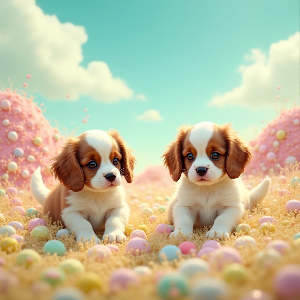 King Charles Spaniels Play in Meringue Field
