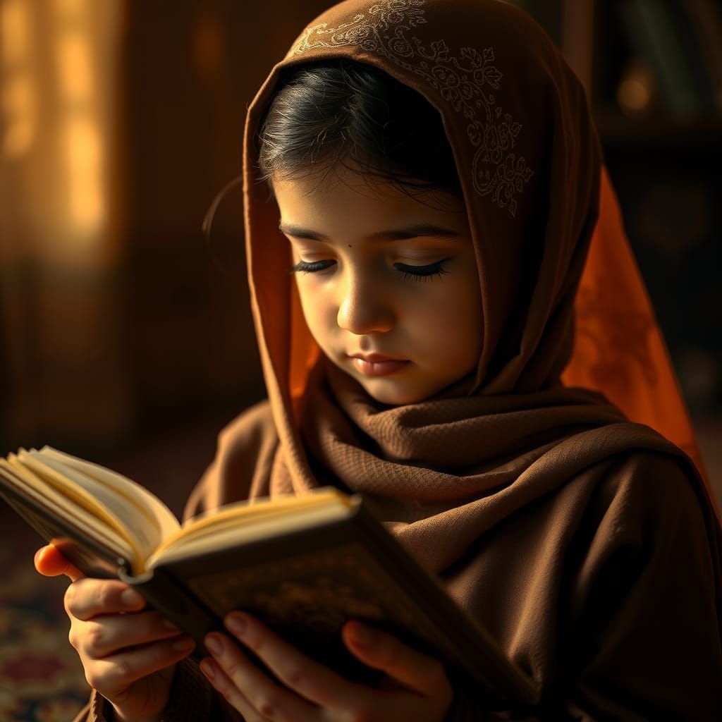 Serene Girl Reciting Quran in Golden Light