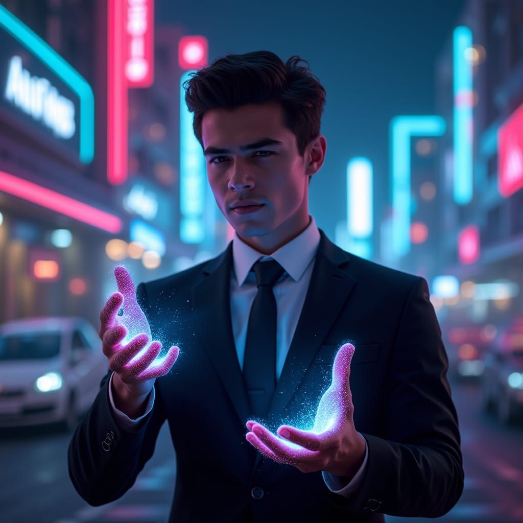 Futuristic Man with Neon Holograms