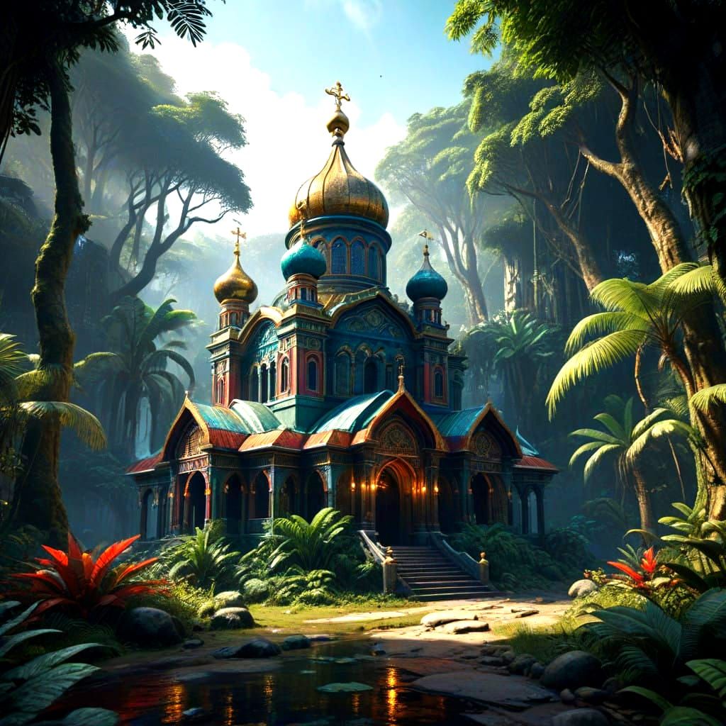 Vibrant Orthodox Church Amidst the Rainforest