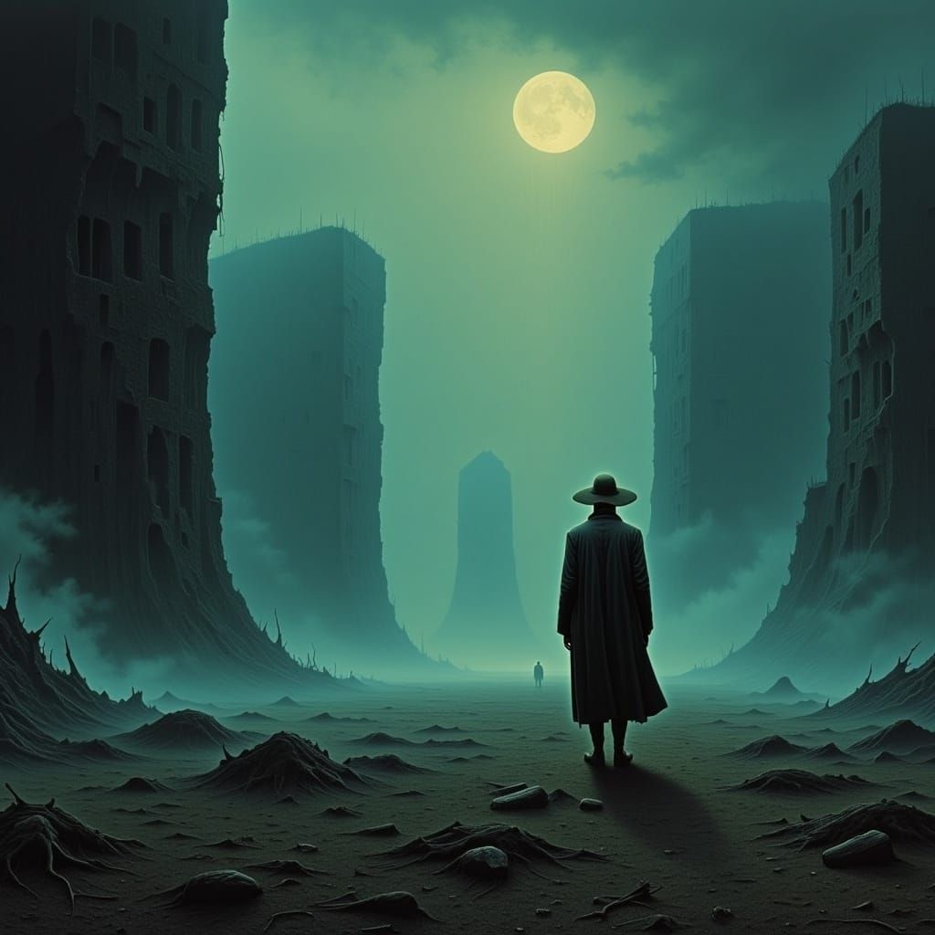 Desolate Figure in Eerie Dystopian Landscape