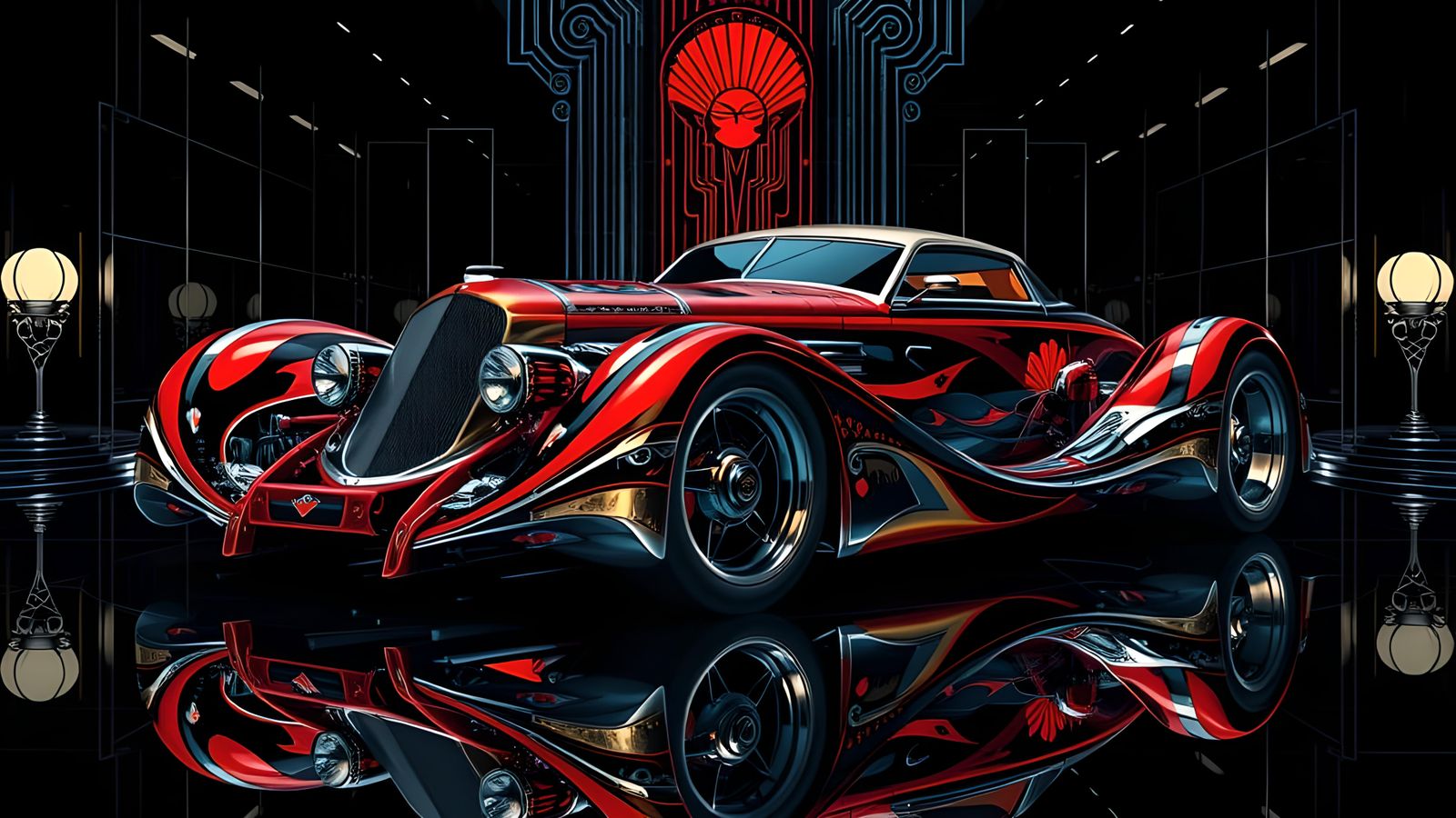 Detailed Art Deco Supercar in Chrome and Bold Colors