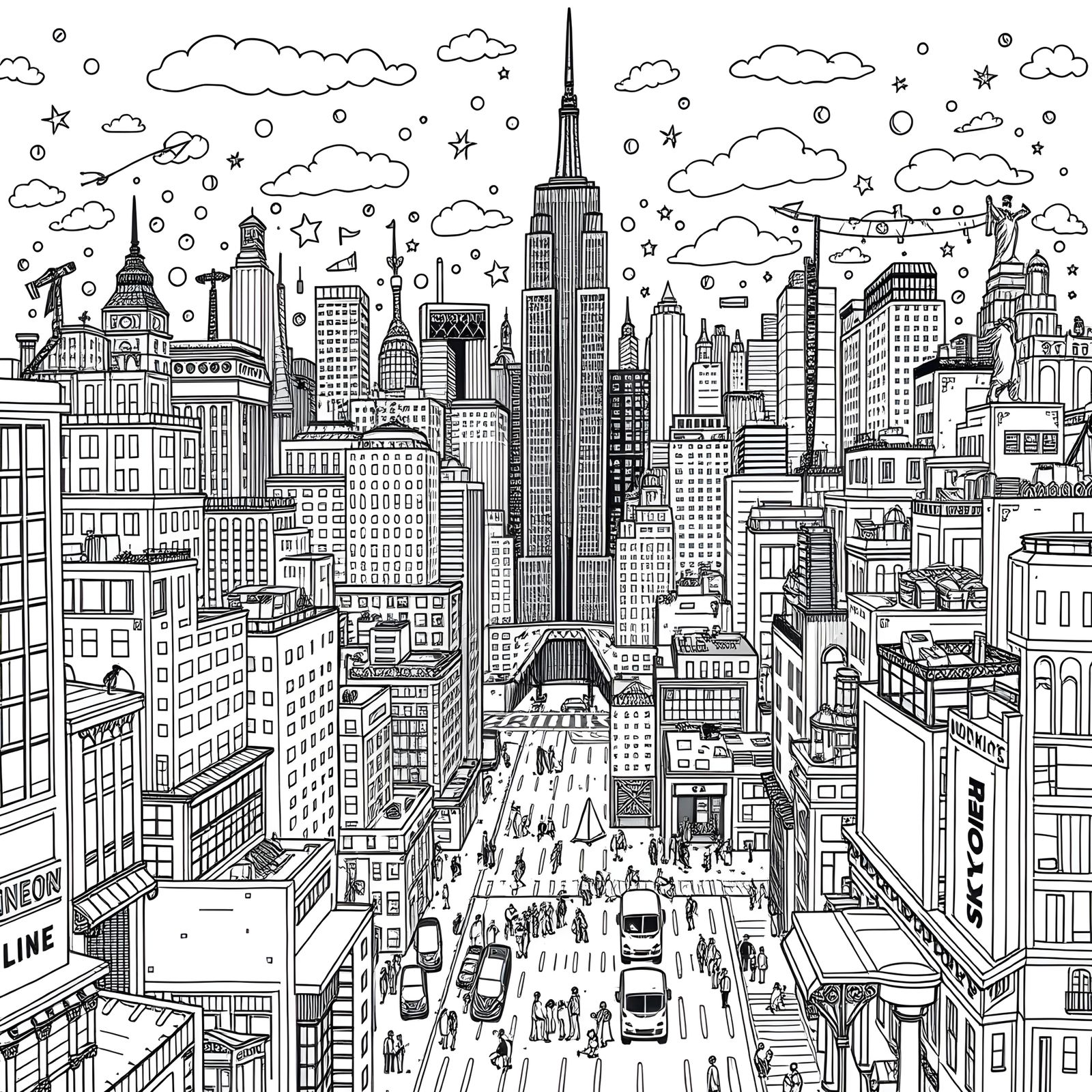 Detailed Black and White Doodle of New York
