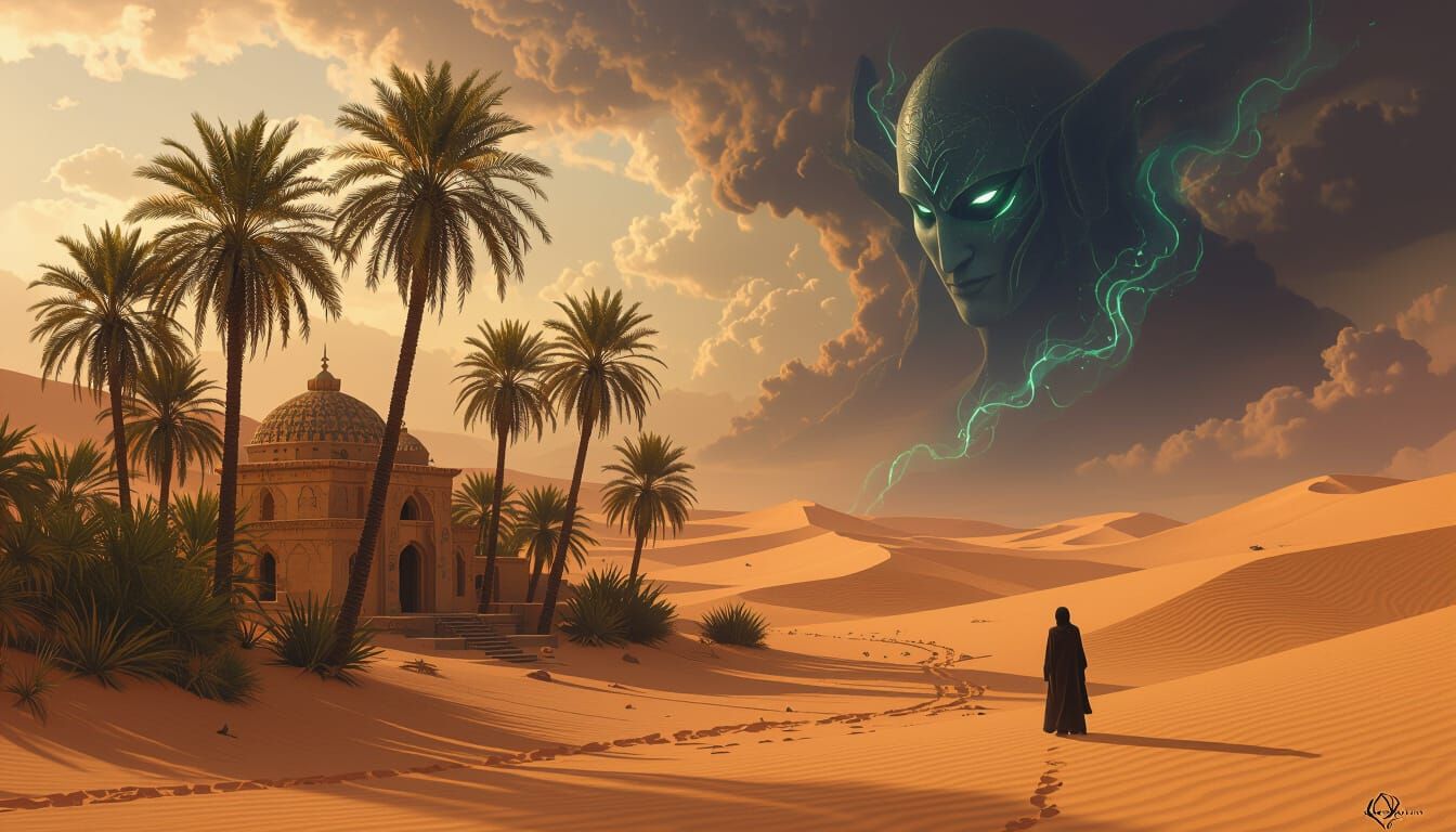 Mysterious Djinn in Desert Oasis Grants Wishes