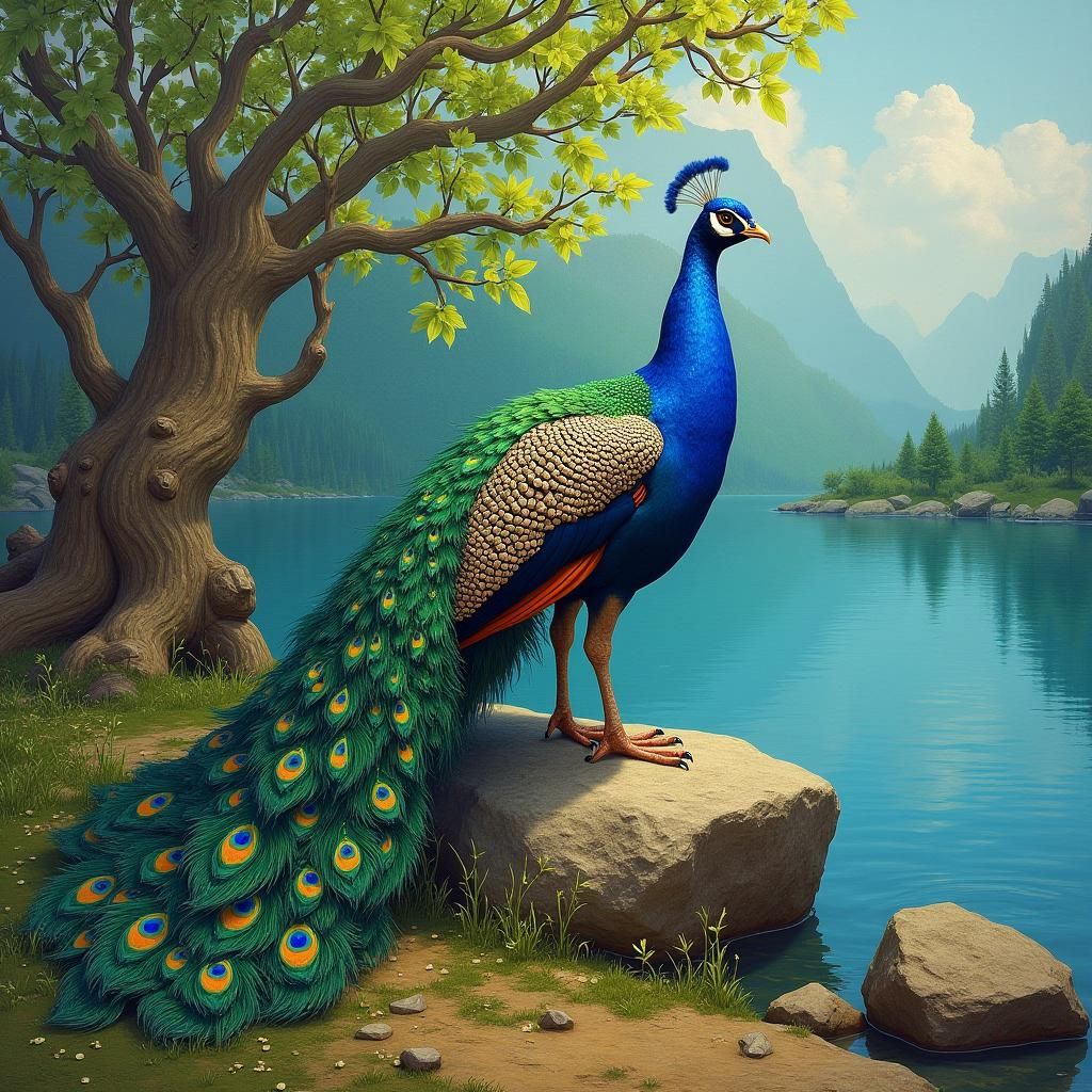 Peacock on Rock in Van Gogh Style