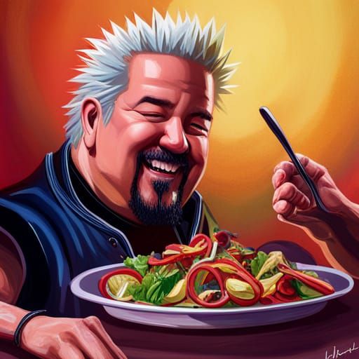 Guy Fieri Laughing, Eating Salad: Hyperrealistic Splash Art