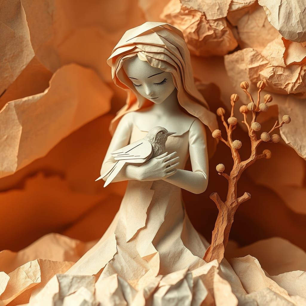 Paper Worlds: Woman Embraces Bird in Surreal 3D CGI Art