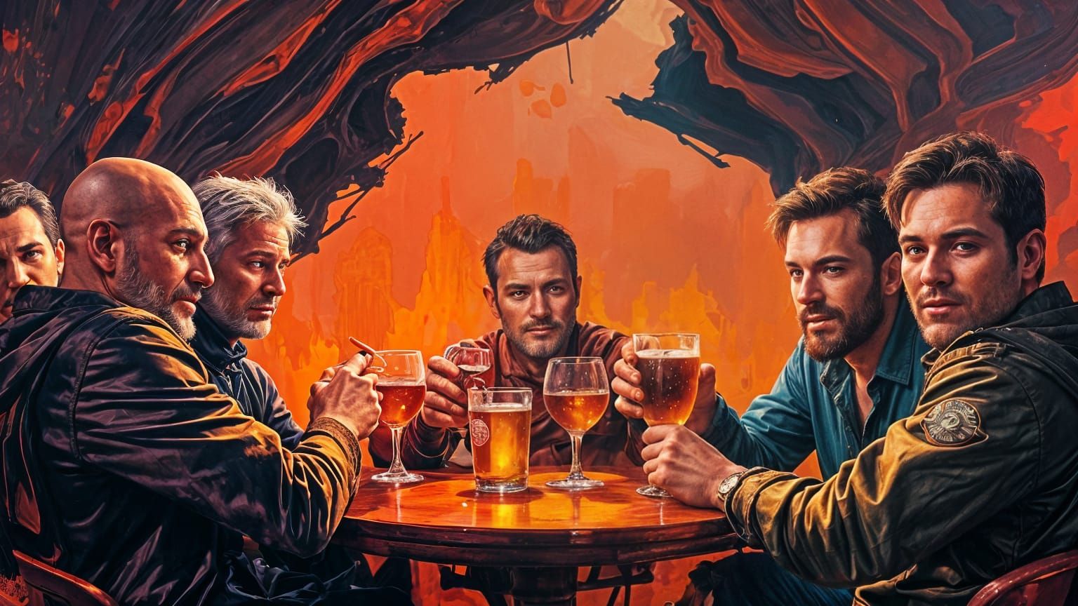 Martian Pub Scene with Expressive Figures and Abstract Sands...