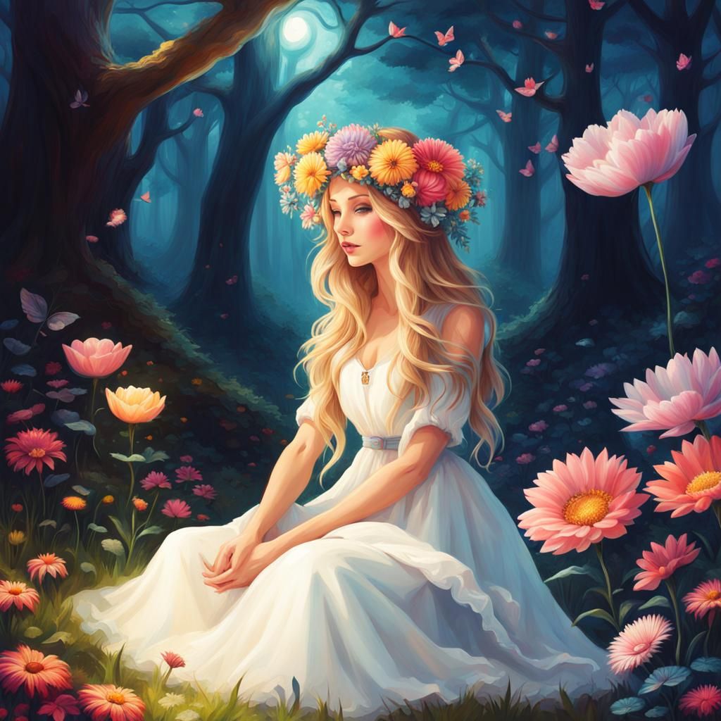 Radiant Woman and Cat in Blissful Forest