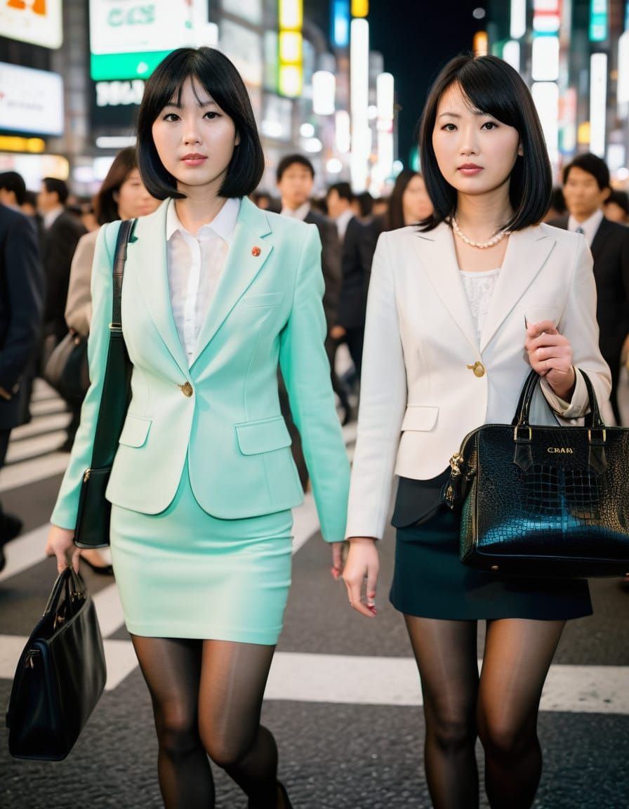 Japanese Women Stroll Through Vibrant Shibuya at Night