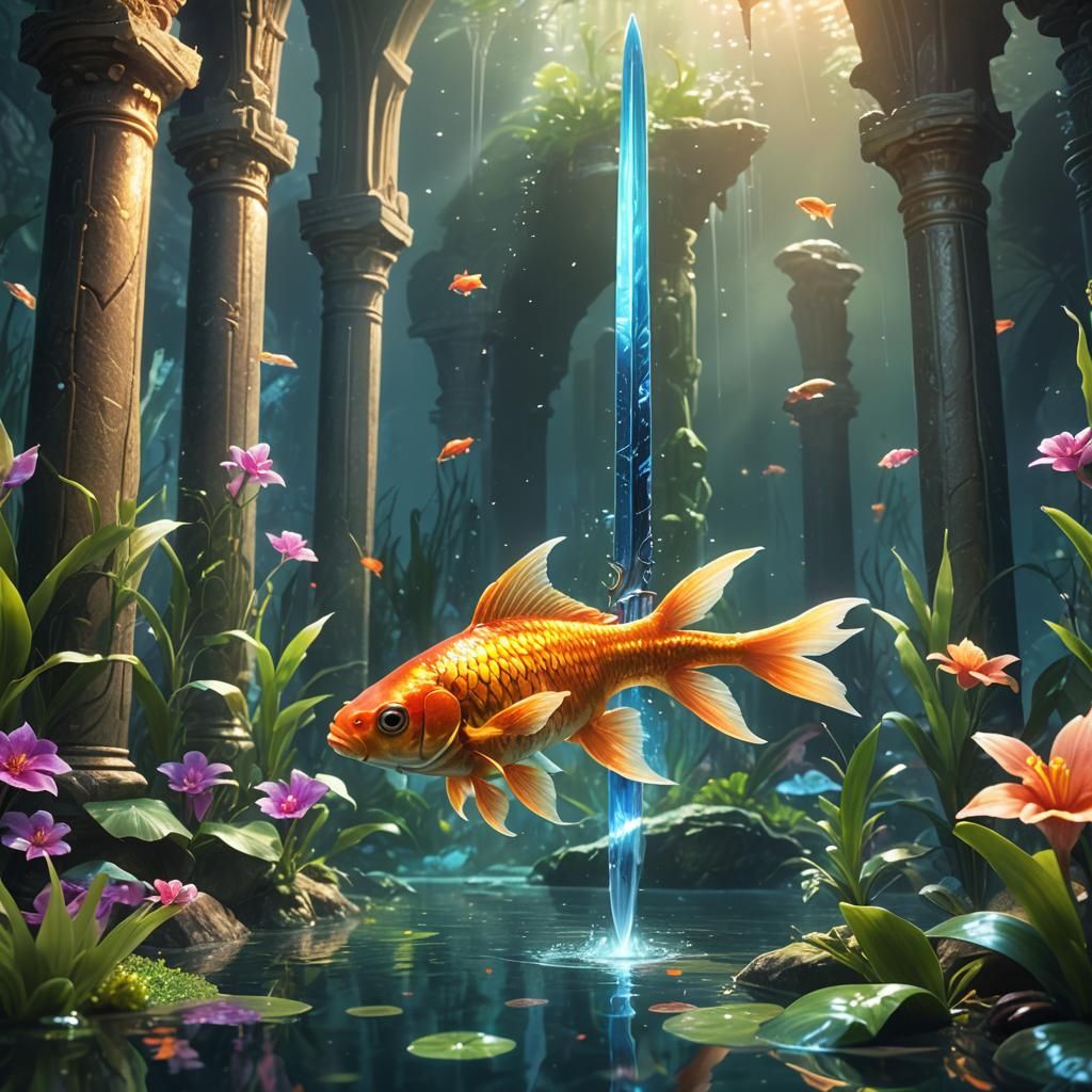 Goldfish and Sword in Mystical Underwater Temple