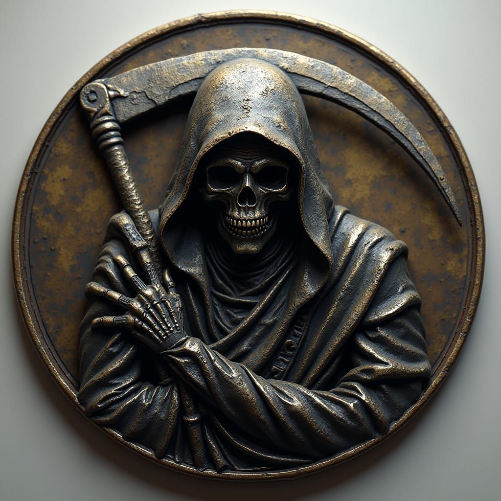 Hyperrealistic Grim Reaper Coin Bas Relief