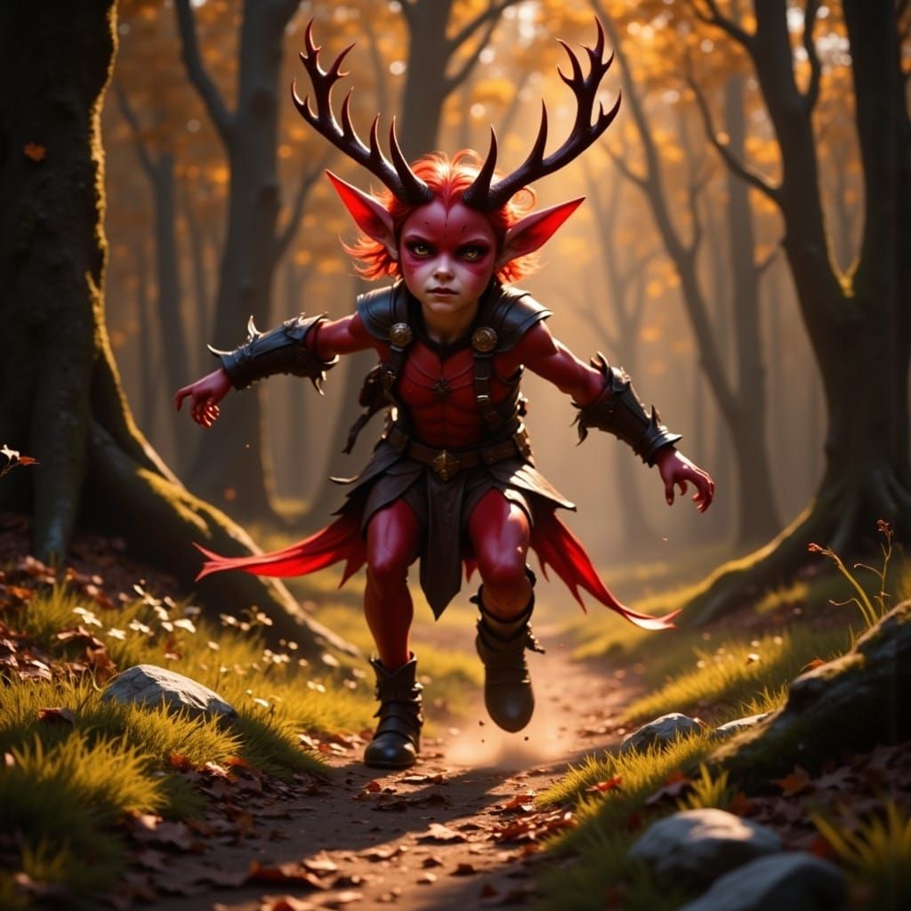 Red Tiefling Child Running Through Forest