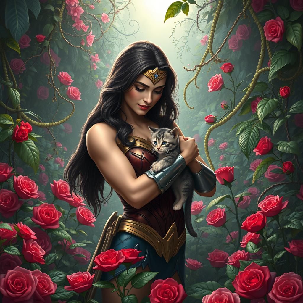 Wonder Woman with Kitten in Rainforest Painting