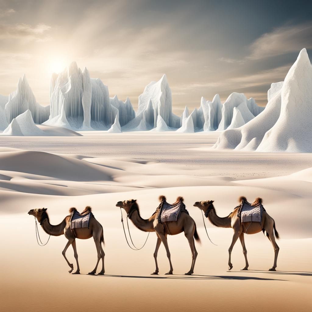 Camels in an ice desert