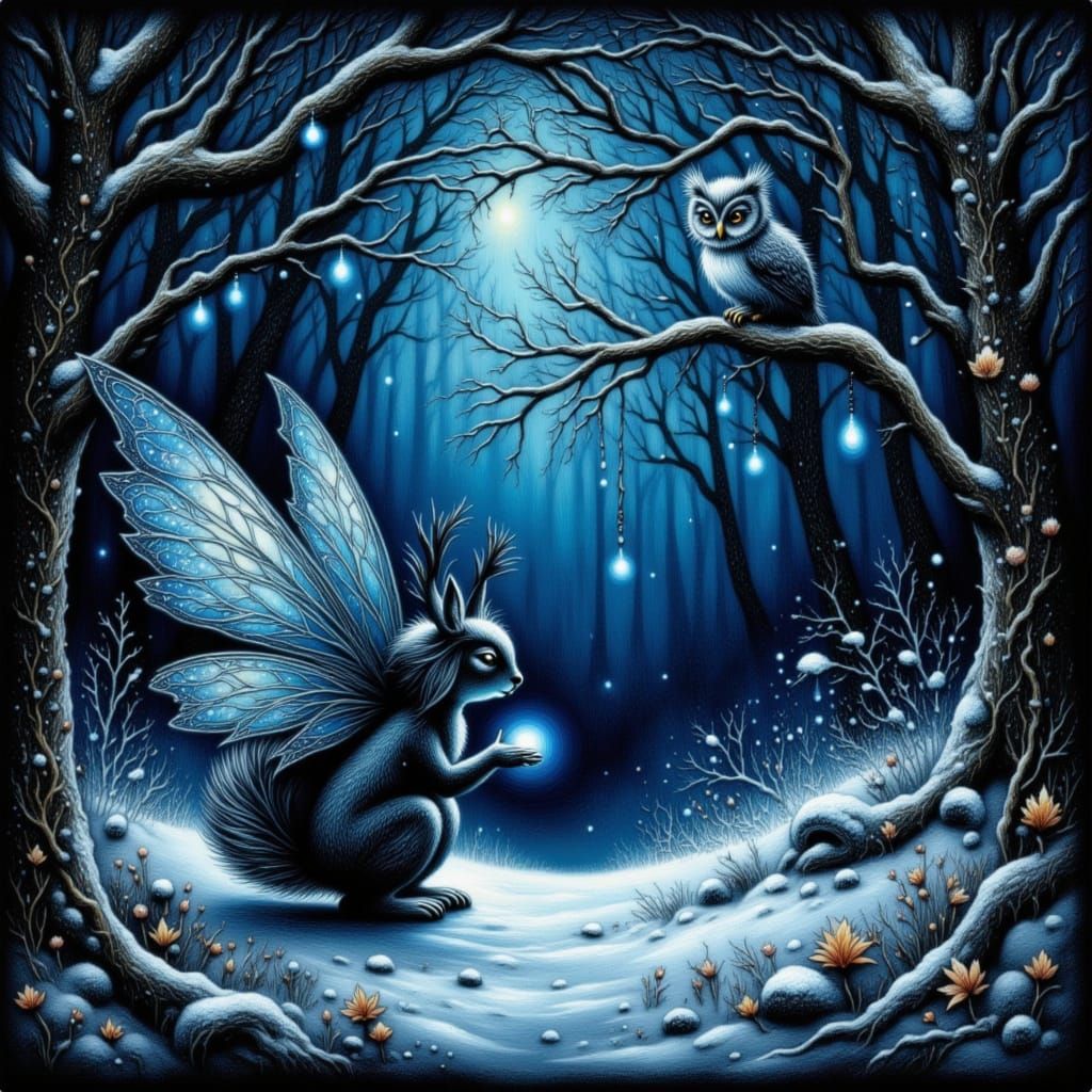 Squirrel Fairy Emerges in Shadowy Winter Forest
