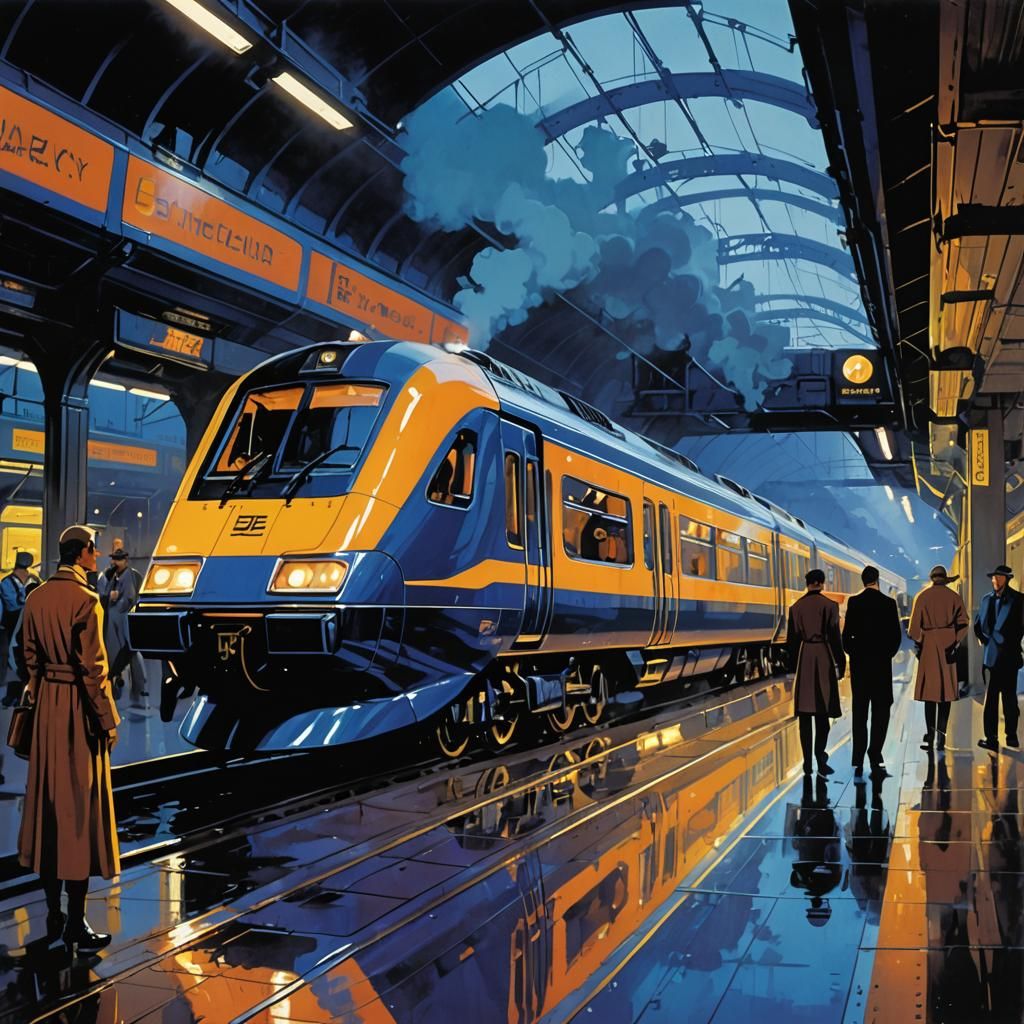 Retrofuturistic Train Station at Night: Syd Mead Concept Art