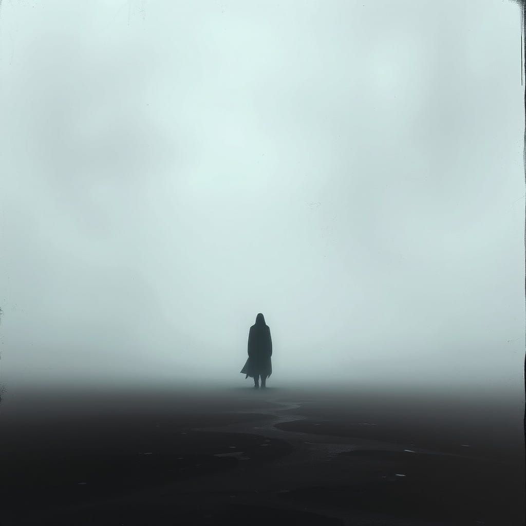 Ethereal Figure in Muted, Misty Landscape