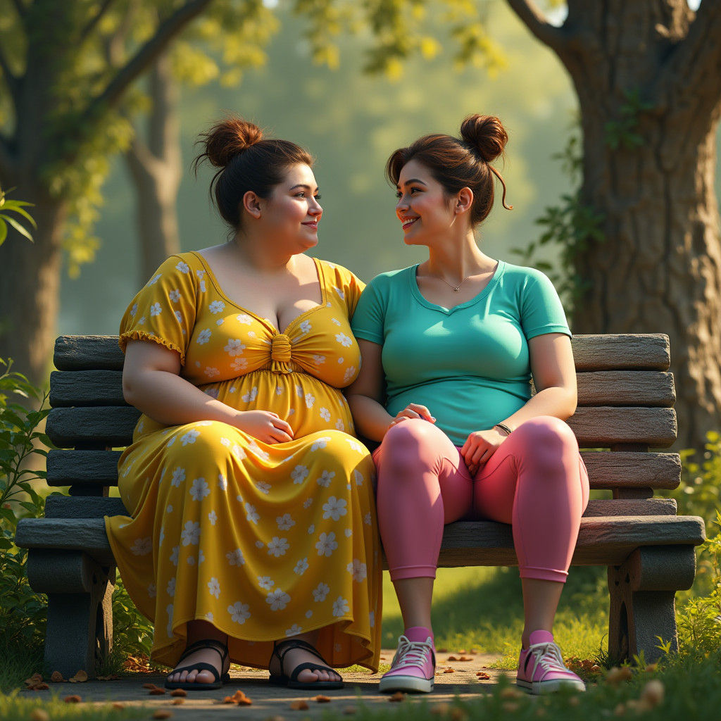 Park Scene with Two Women in Fantasy Art Style