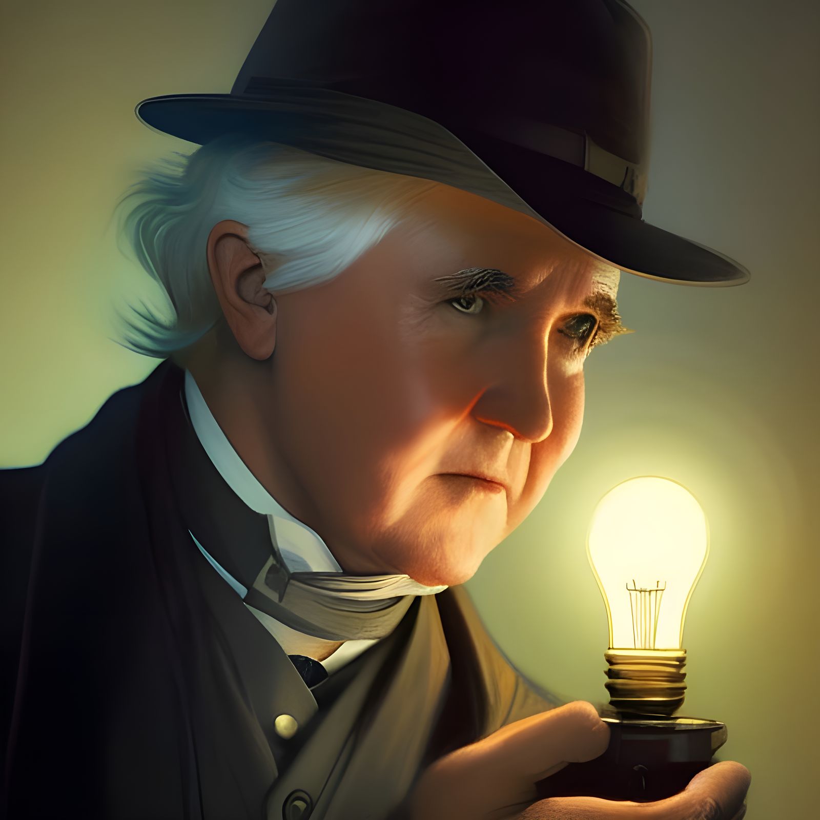 Thomas Edison Portrait with Light Bulb in Art Nouveau Style