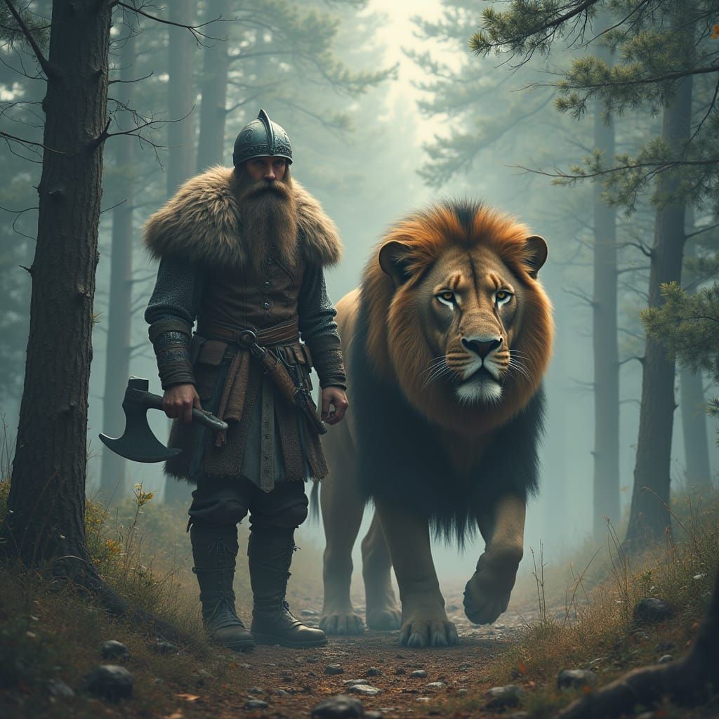 Viking Warrior and Lion in Nordic Forest