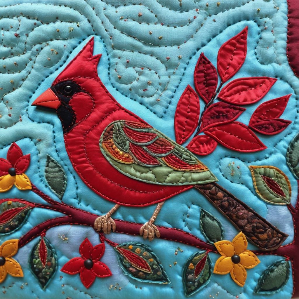 Whimsical Quilted Cardinal Perches on a Branch