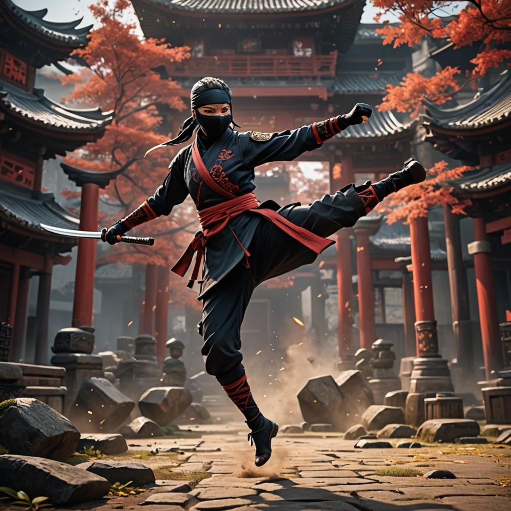 Female Ninja Martial Arts Kick in Detailed Matte Painting