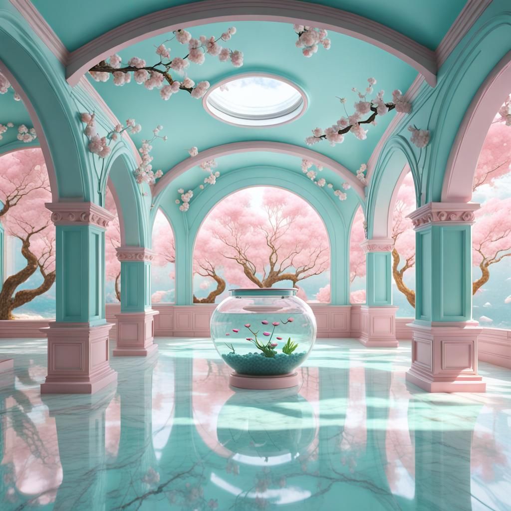Futuristic Pastel Lounge with Aquarium, 3D Render