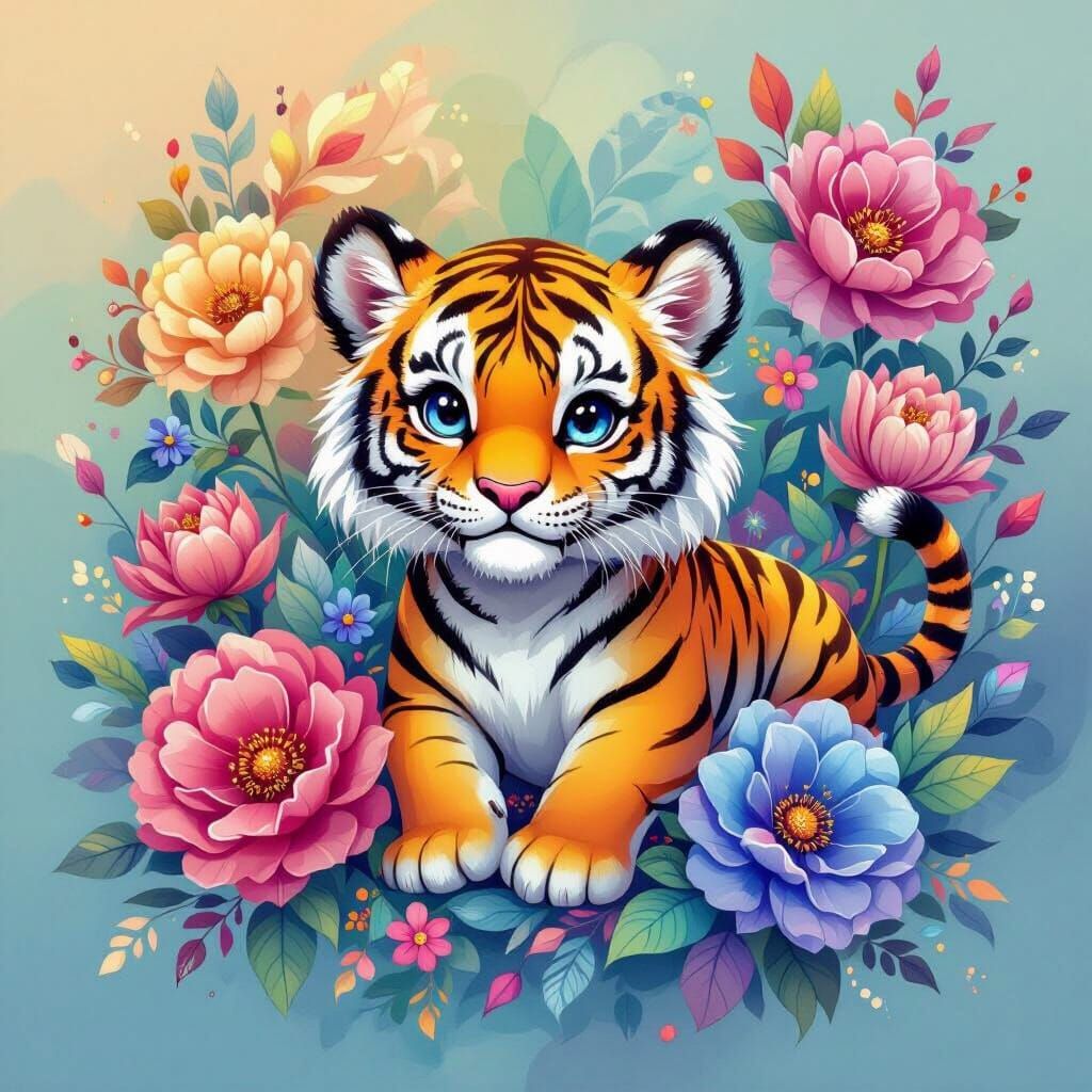 Rainbow Tiger Cub in 80s Airbrush Style