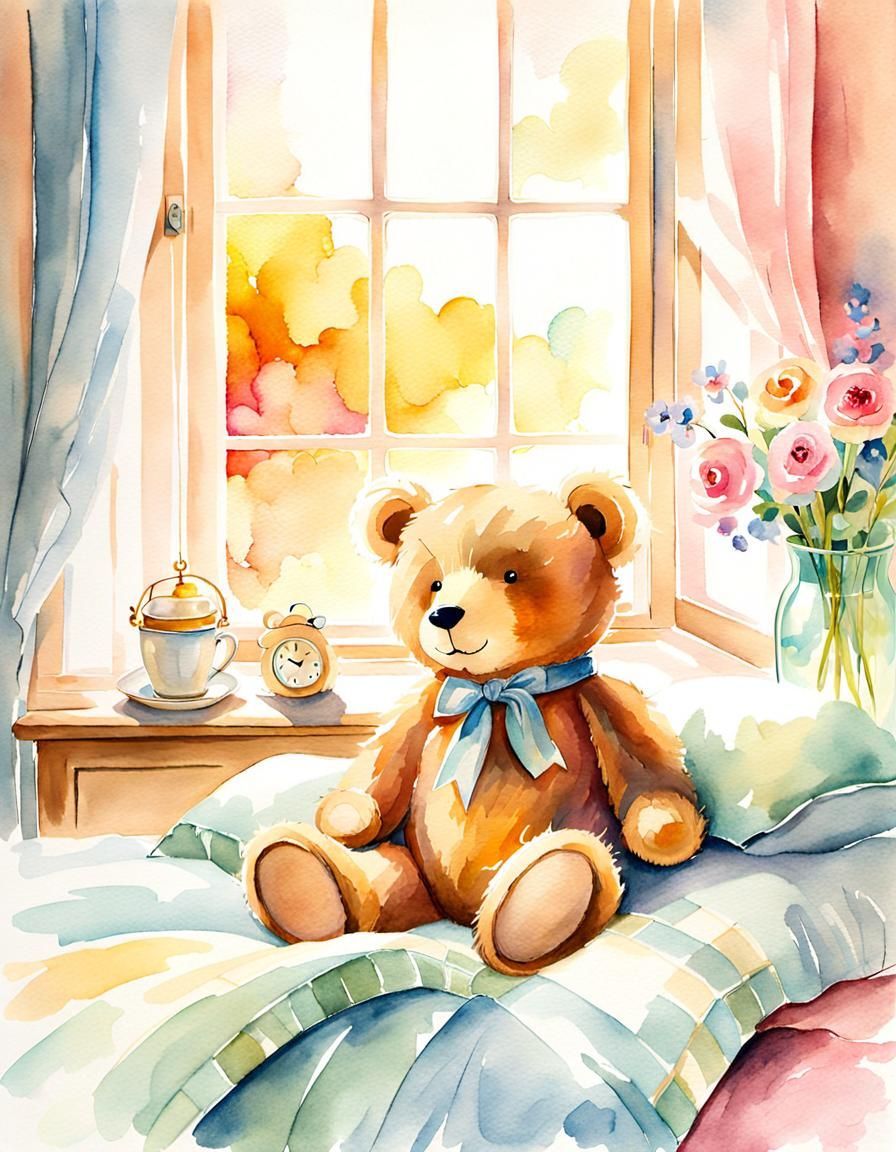 Teddy Bear in Bed: Watercolor Illustration