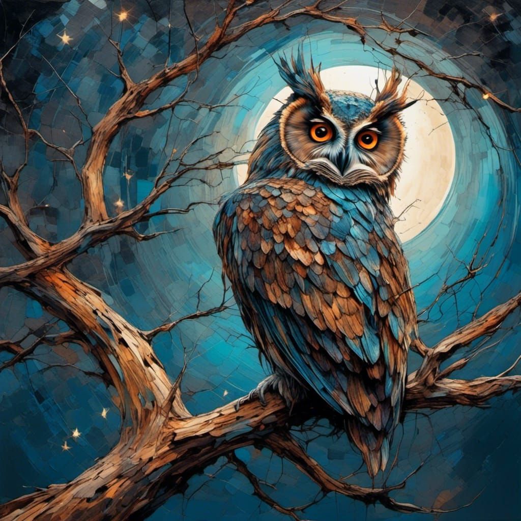 Iridescent Owl in Starry Night Sky