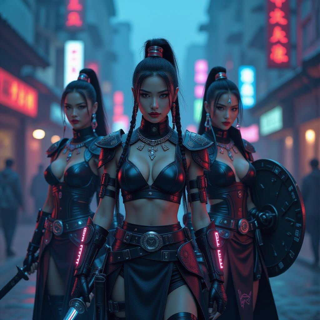 Cyberpunk Valkyries in Neon City, Art Nouveau Style