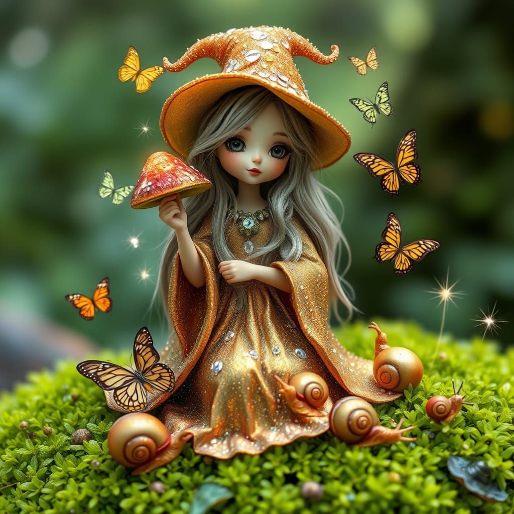 Forest Witch with Mushroom, Sparkly Fantasy Art