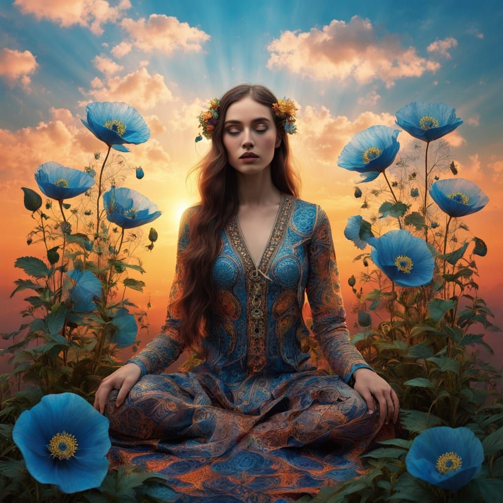 Surreal Collage of Mythical Beings in Dreamlike Sunset