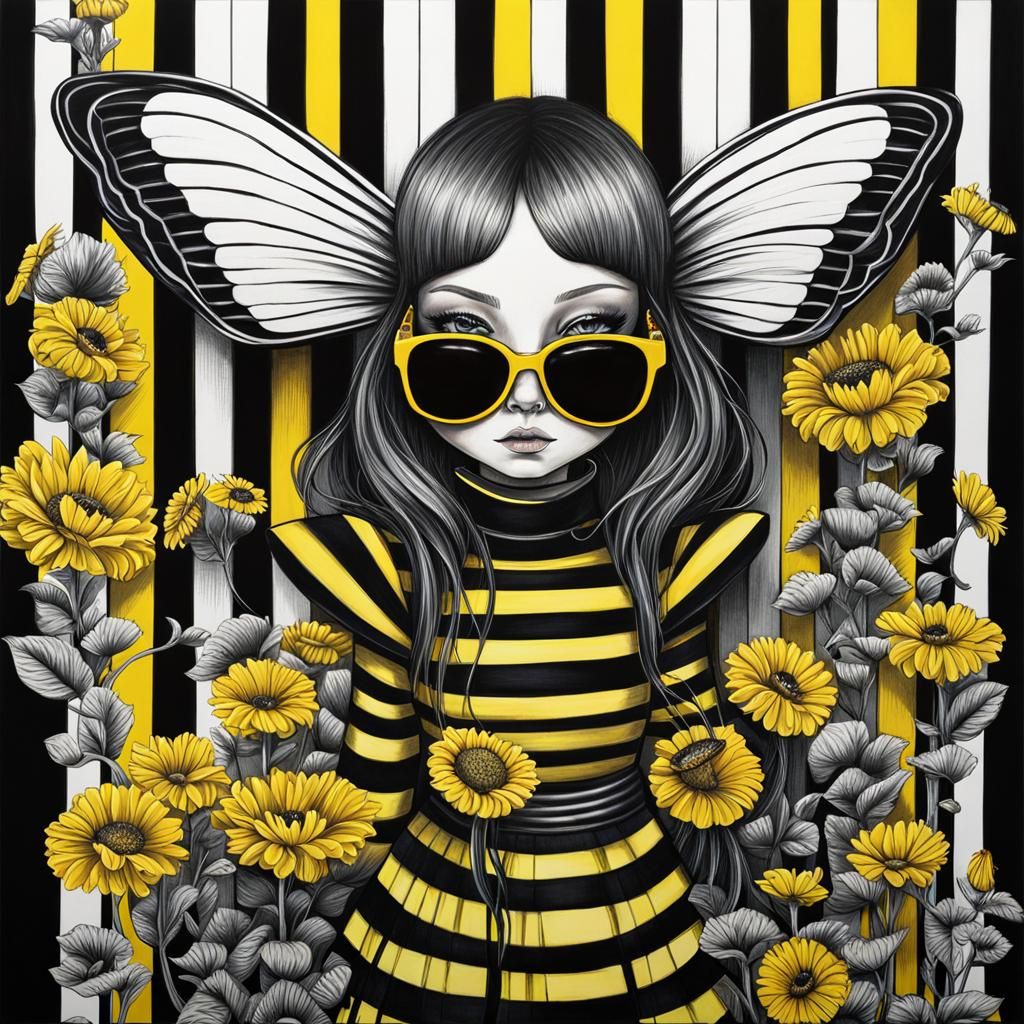 Chibi Cyberbunny  bee bot  woman  with butterfly wings pollenating  neon surreal flowers  in front of a vertical striped...